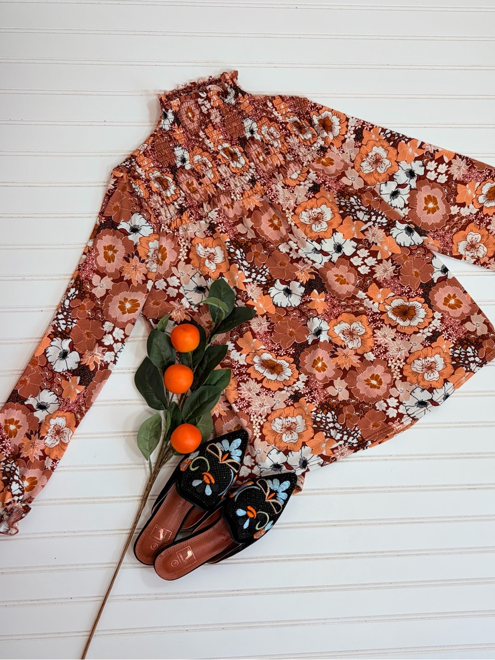 Melloday Floral Smocked Mock Neck Top
